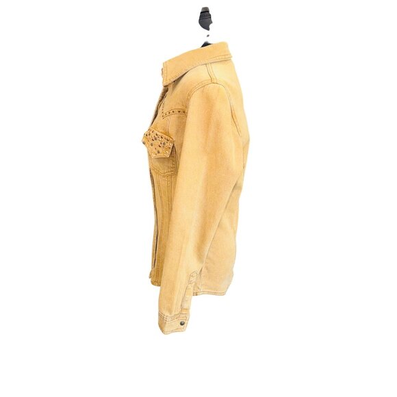 Diane Gilman DG2 Tan Denim Shirt Jacket Studded Western Cowgirl Distress Shacket - Picture 4 of 10